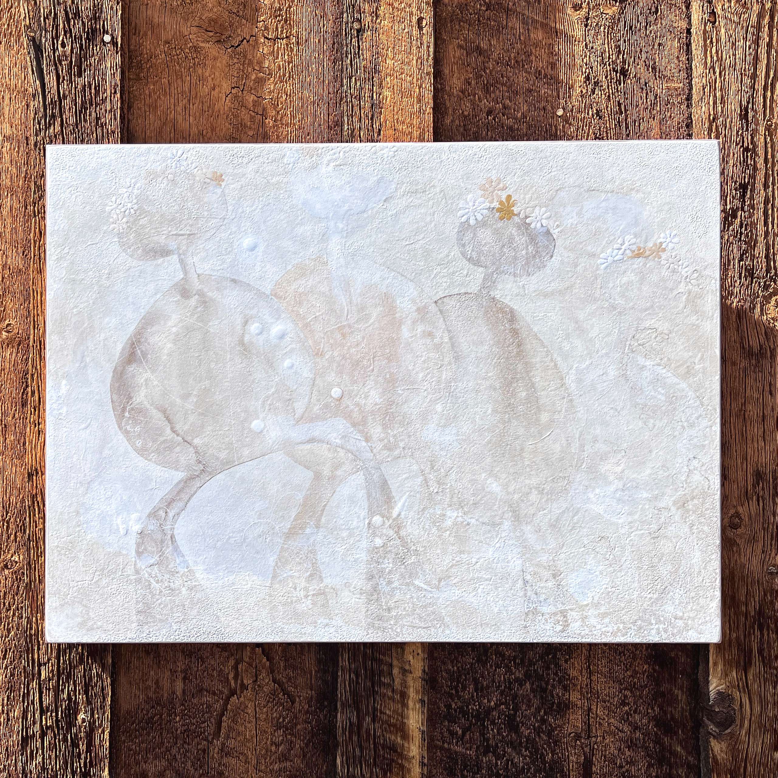 Minimalist, white, abstract painting of four figures with flower crowns by colorado artist Robin Arthur