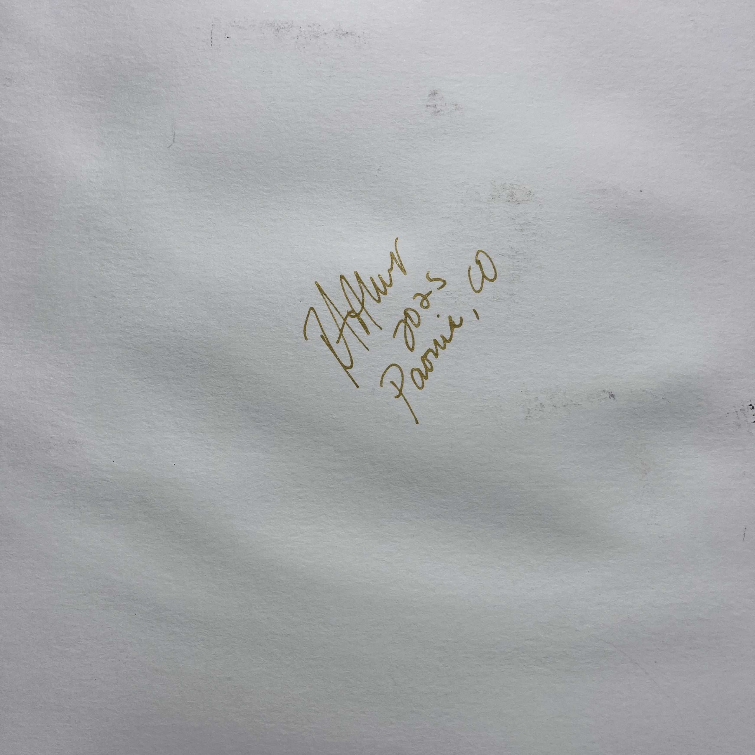 Signature on back of black, yellow and red abstract painting by Colorado artist Robin Arthur