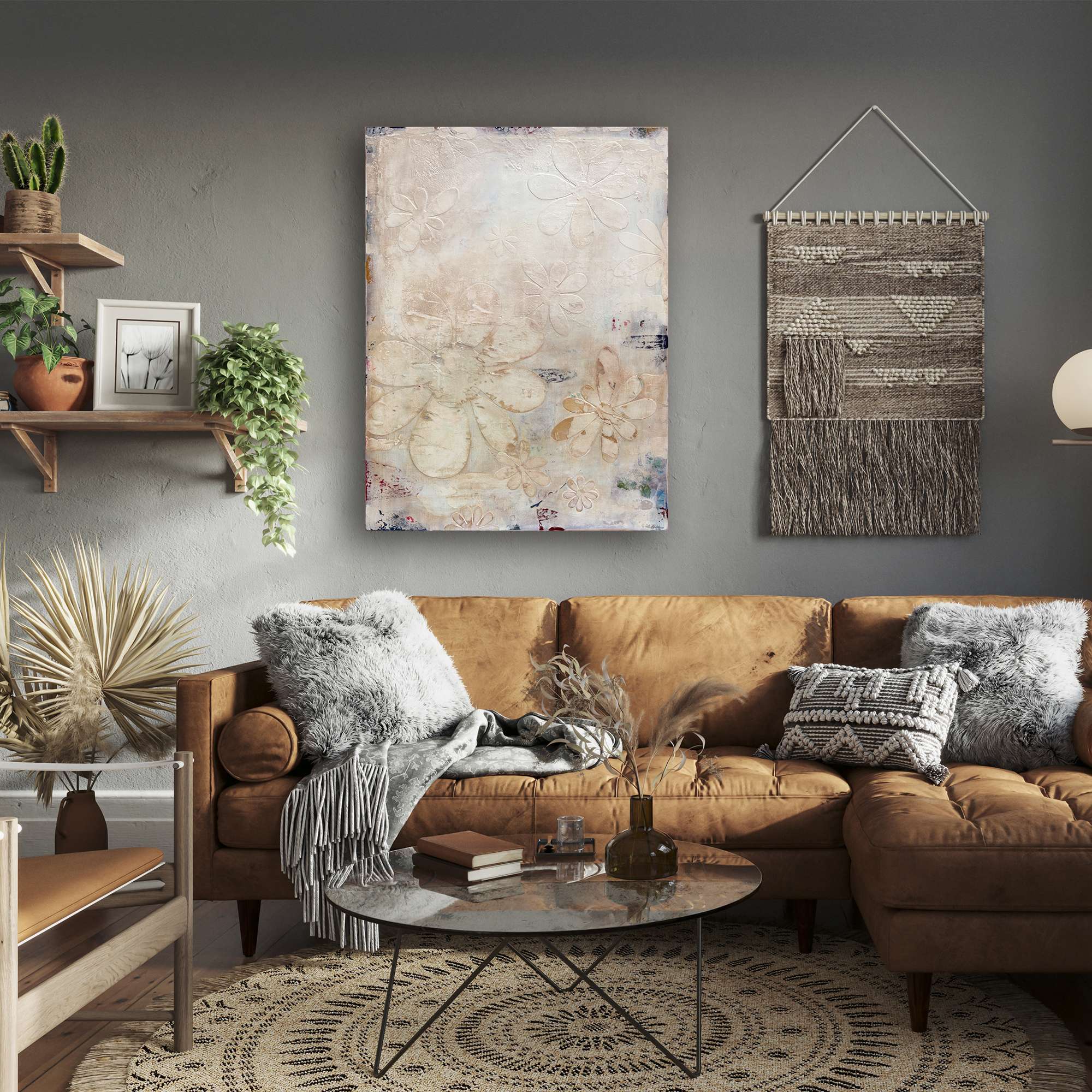 Original 30x40 abstract painting with muted layered textures, hand-cut florals, subtle metallic highlights on gesso board, by Colorado artist Robin Arthur