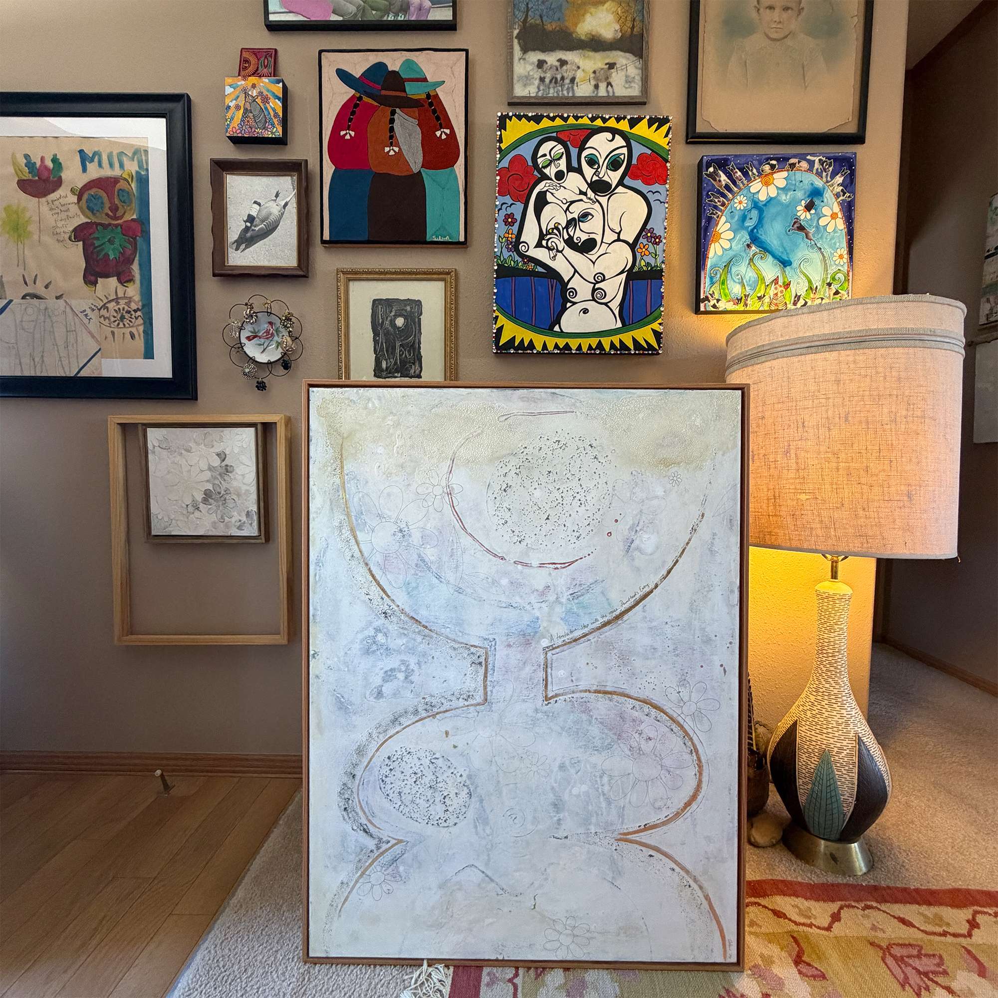 Large original abstract figurative painting 30x40 on gesso board with cedar floater frame in neutral contemporary minimalist style