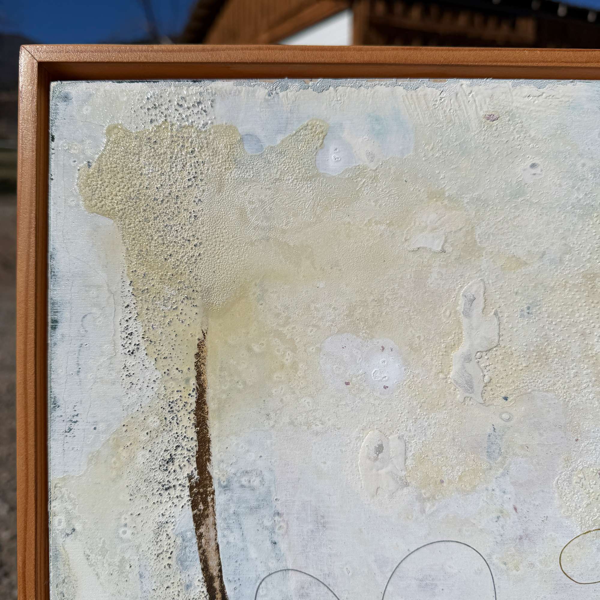 top right corner of Large original abstract figurative painting 30x40 on gesso board with cedar floater frame in neutral contemporary minimalist style