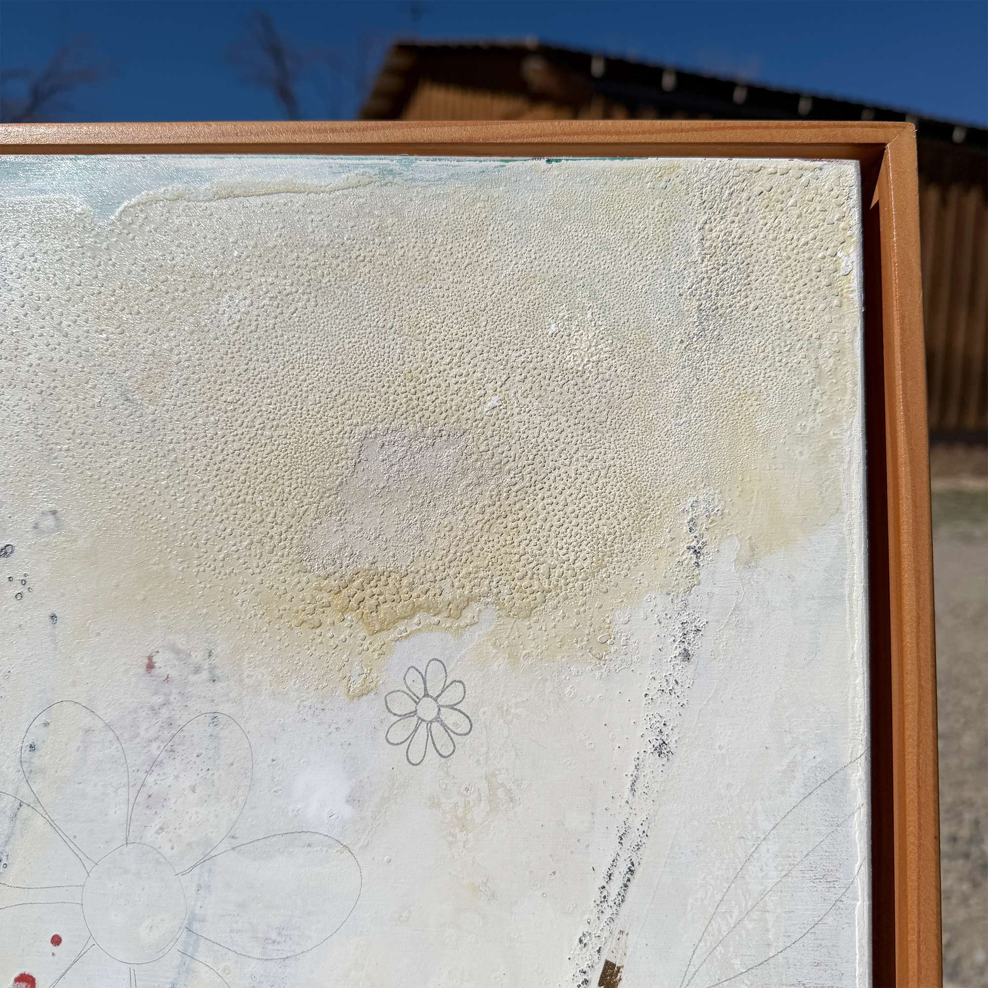 Top right corner of large original abstract figurative painting 30x40 on gesso board with cedar floater frame in neutral contemporary minimalist style