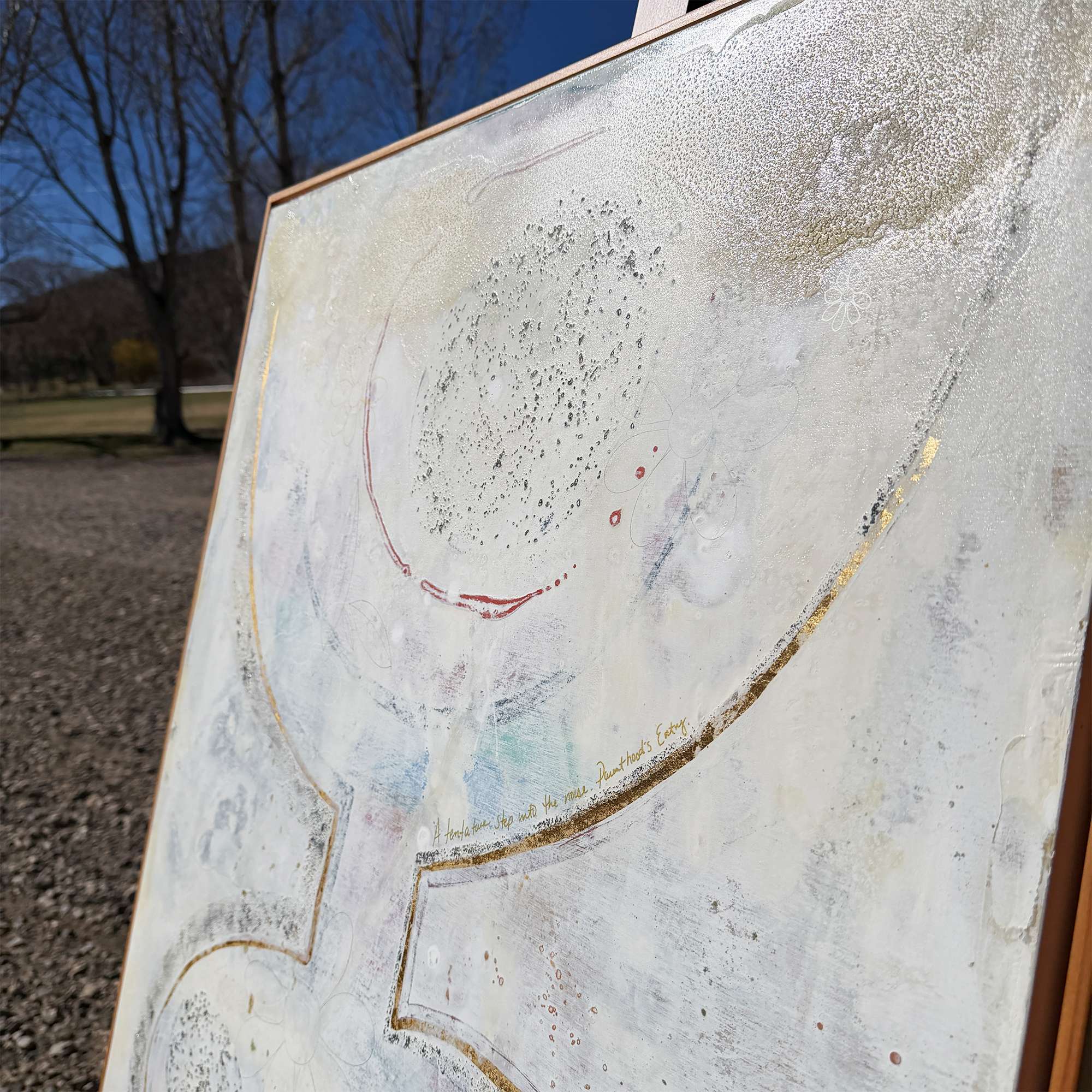 Large original abstract figurative painting 30x40 on gesso board with cedar floater frame in neutral contemporary minimalist style