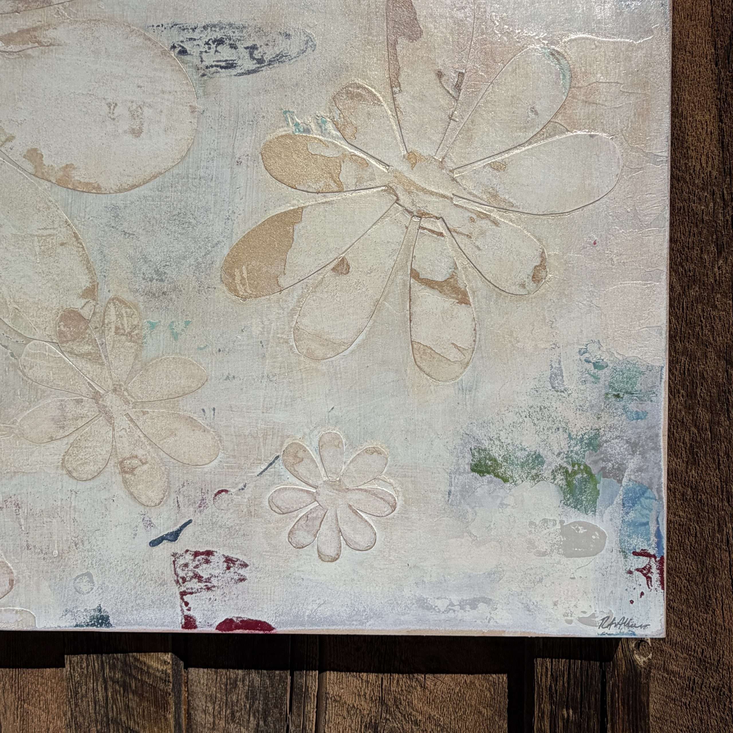 Original 30x40 abstract painting with muted layered textures, hand-cut florals, subtle metallic highlights on gesso board, by Colorado artist Robin Arthur