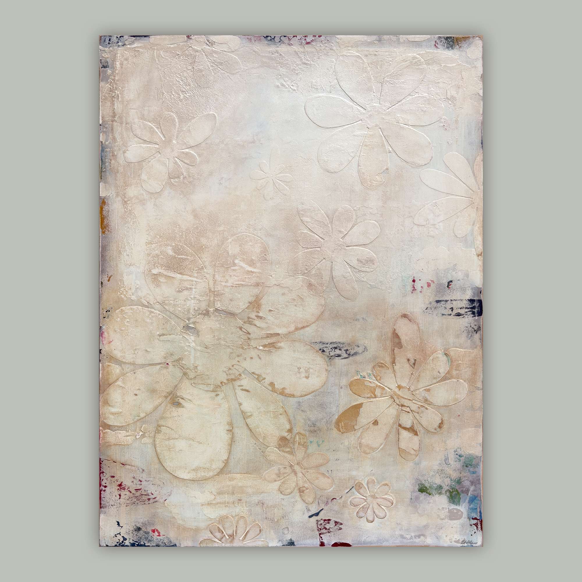Original 30x40 abstract painting with muted layered textures, hand-cut florals, subtle metallic highlights on gesso board, by Colorado artist Robin Arthur