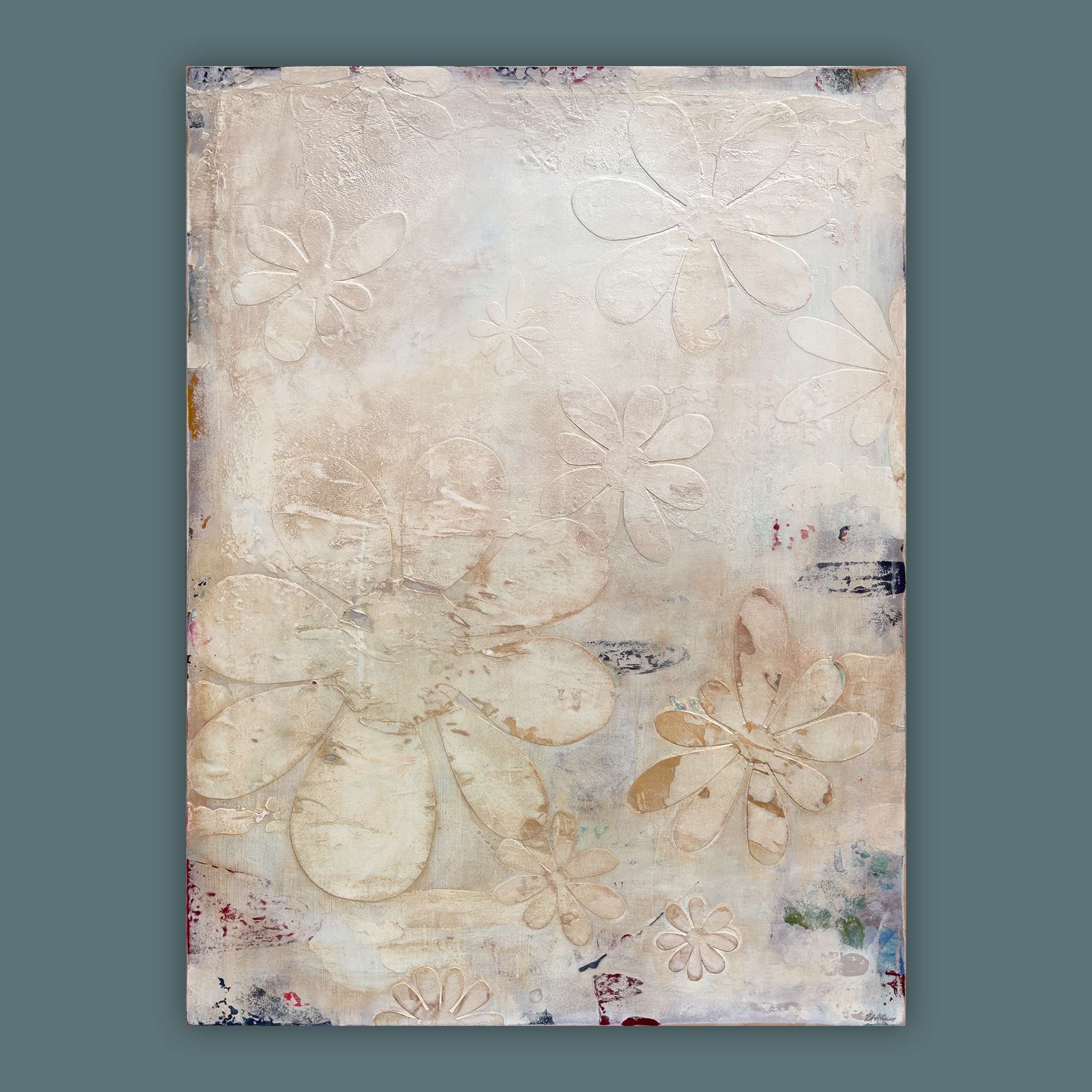 Original 30x40 abstract painting with muted layered textures, hand-cut florals, subtle metallic highlights on gesso board, by Colorado artist Robin Arthur